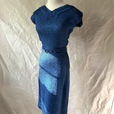 40s Navy Blue Crocheted Ribbon Dress Butterfly Design Size XS 