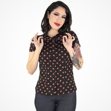 Tie-Neck Blouse - Orange Polka Dots Halloween XS-3XL 