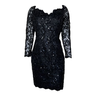 Saint Laurent 1980's Black Sequin and Lace Off Shoulder Mini Dress