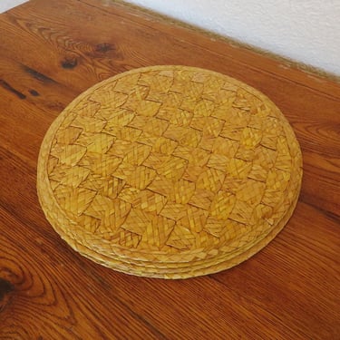 Vintage Woven Bamboo Placemats Set of 5 Round Yellow 