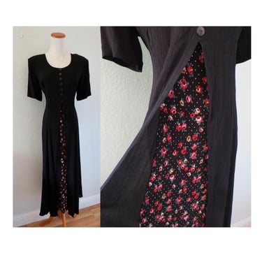 Vintage 90s Black Floral Dress - Whimsigoth Romantic Goth Button Front Short Sleeve Maxi - Size XL 