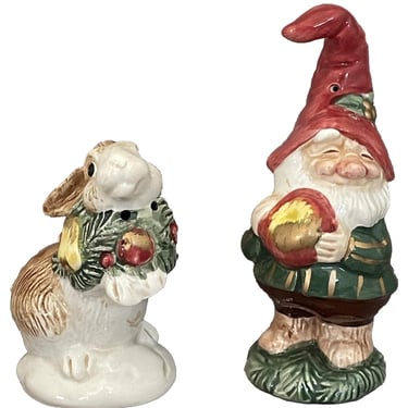 Vintage Fitz & Floyd Holiday Woodland Rabbit Elf Gnome Salt Pepper Shakers 1991 