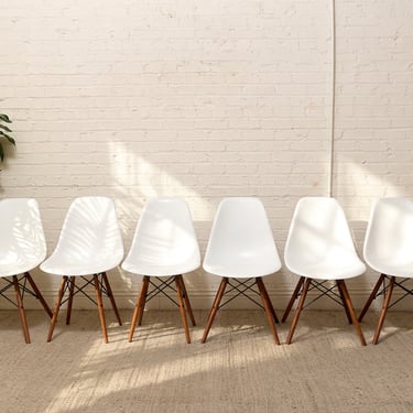 Set of Six White Molded Shell Dining Chairs with Wood Legs