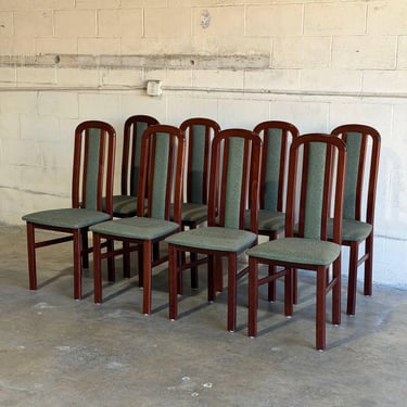 High Back Wooden Dining Chairs Set of 8 with Green Upholstery Vintage Mid-Century Modern 
