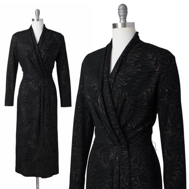 Vintage 1980s Wrap Dress | 80s Black Wool Gold Pointillist Leaf Print Long Sleeve Wrap Dress | medium/large 