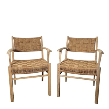 Pair of Oak and Woven Seagrass Arm Chairs