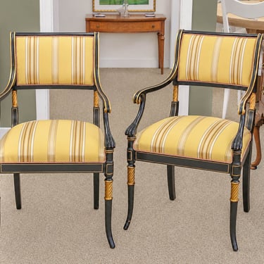 Pair of Regency Ebonized Arm Chairs with Gold Trim & Striped Yellow Silk