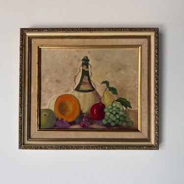 1970s Frances Heller “Fruit and Wine” Still Life Oil on Canvas Board Painting, Wood Framed 