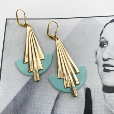 Art deco earrings Vintage Glamorous Large Art deco Turquoise galalith  Chic Geometric Statement jazz age modernist bakelite earrings by BakeliteBa