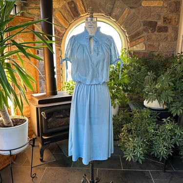 Vintage 1970s Light Blue Polyester Knit Dress, Vintage Seventies Silky Knit Dress 