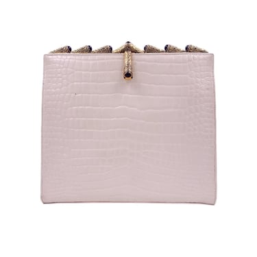 Vintage Susan Gail White Faux Clutch Crocodile Texture With Gold Trim Handle 