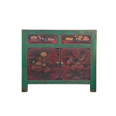 Vintage Distressed Rich Green Red Floral Graphic Credenza Sideboard Cabinet ws5001E 