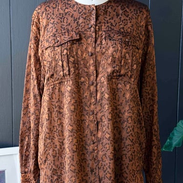 Vintage Liz Claiborne Leopard Print Bronze Button Long Sleeve Button Up Blouse - Size L