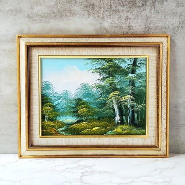 Vintage Original Oil Painting - Forest & Lake Landscape on Canvas, Signed Artwork in Ornate Gold Wood Frame, Rustic Wall Decor 