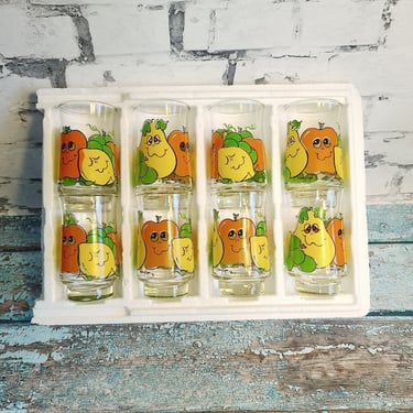 NIB Nancy Lynn Fruit Barware Anchor Hocking Set of 8 Glasses, Fruit Glasses, 80s Style, 80s Drinkware Set 