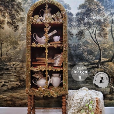 The Enchanted Arch  Old World Painted Cabinet | Vintage Arched Curio | Floral & Bird Mould Detail 