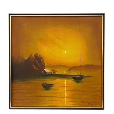 Free shipping within continental US - Vintage Sunset Seascape Oil Painting with Fishing Boats, Signed 