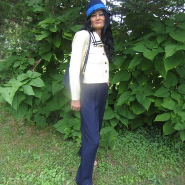1980's Pantsuit,  Ivory Sailor Collar Style Cropped Jacket, Navy Blue Tailored and  Pleated Pant. By Jessica Howard. Petite size 2/4 