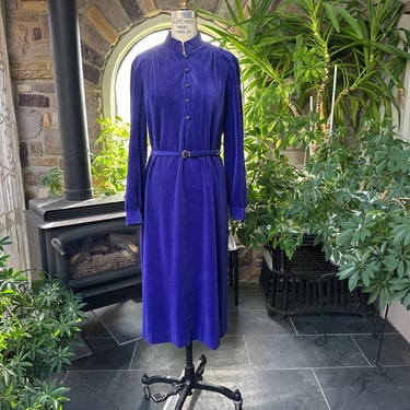 Vintage 1970s Royal Purple Velour Nehru Collar Dress Leslie Fay Originals 