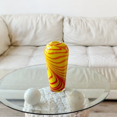 yellow orange blown glass tiger striped flower vase | glass art sculpture 