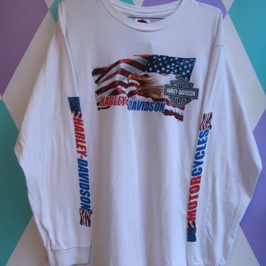 Vintage 2000s Harley-Davidson Eagle American Flag Long Sleeve Graphic T-Shirt Mills Harley-Davidson Burlington NJ