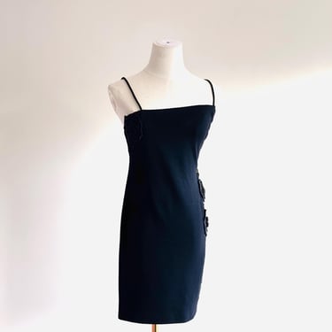 Vintage Geoffrey Beene black stretch wool mini dress with spaghetti straps gold lame panels with lace and floral applique overlay 1980s LBD 
