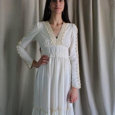 Gunne Sax DRESS / Poplin Cotton and Crochet Lace Maxi / Cream Vintage Prairie Dress Women's Small 