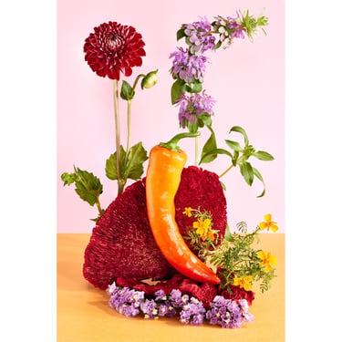 Orange Hot Pepper With Flowers: Vegetable and Floral Fine Art Photography Archival Giclée Print 