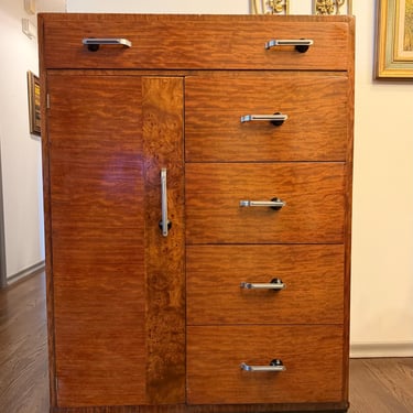 1940s Art Deco Williamsport Tiger Wood Streamline Highboy Dresser w/ Cabinet 