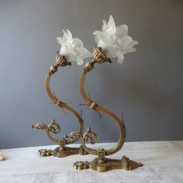 LARGE Antique French Solid Bronze Sconces,with glass shades in the shape of flowe. 