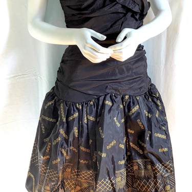 80s ZANDRA RHODES Off Shoulder Corset Dress, DEADSTOCK Archival Couture, Hand Painted Gold Taffeta, Saks Bubble Pouf Dress, 1980s Maximalism 