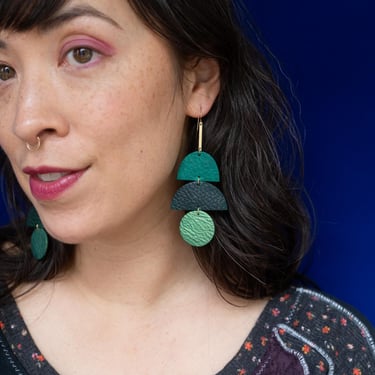 Big Scoop Tiered Leather Statement Earrings in Green + Aqua 