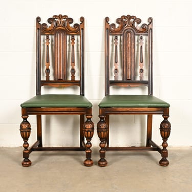 Berkey & Gay Antique English Jacobean Carved Walnut Side Chairs or Dining Chairs, Pair