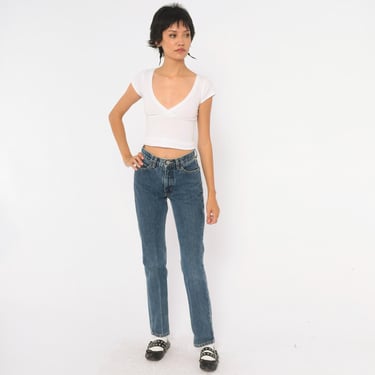 90s Guess Jeans High Waisted Straight Leg Dark Wash Denim Navy Blue Cotton Mom Jean Tapered Vintage Pants Slim Fit Womens Extra Small XXS 