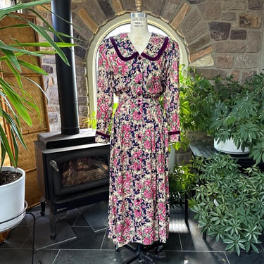 Vintage 1980s Purple Pink Tan Floral Rayon Button Front Dress Karin Stevens 