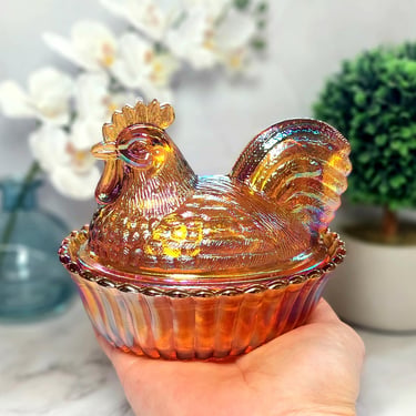 Amber Carnival Glass Rooster Hen on Nest Chicken Candy Dish - Vintage Style Farmhouse Kitchen Decor, Depression Style Glass, Jewelry Box 