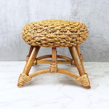 Vintage Woven Rattan & Bamboo Footstool – Round Braided Boho Accent Stool 