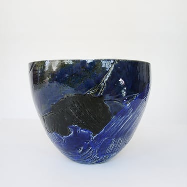Vintage Textured Navy Blue Black Fat Lava Ceramic Planter West German Pottery Art Retro Mid Century Modern Modernist Sculptural Decorative 