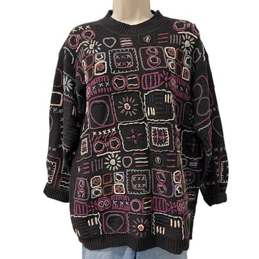 Vintage Hand Knit Black Abstract Geometric Sweater: Chunky Multicolor 80s 