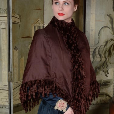 Victorian Cape - Gorgeous 1880s Mantel Capelet in Brown Silk with Velvet Fringe 