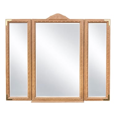 Blonde Wood TriFold Mirror by Bernhardt 55x47  Vintage 3 Panel Brass Accent Dresser Vanity Mirror - Chinoiserie Asian Decor 