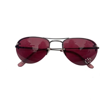 Vintage Y2K Burgundy Rhinestone Heart Aviator Sunglasses 