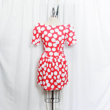 80s Red Polka Dot Open Back Bow Dress Vintage 1980s Victor Costa Saks Fifth Avenue Puff Sleeve Mini Dress 