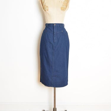 vintage 80s jean skirt denim high waist rise slim pencil midi skirt S Cherokee 