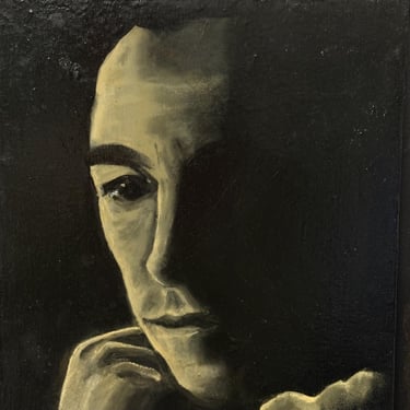 1950s Noir Chiaroscuro Oil Portrait Painting of a Mysterious Man | Signed Hamby | Mid Century Face Half in Shadow | Framed Moody Wall Art 