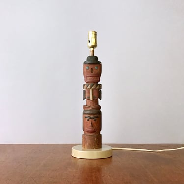 Vintage Outsider / Folk Art Carved Wood Table Lamp Northwest Coast Totem Pole Style Faces Circa 1950's Polychrome / Painted OOAK Unique 