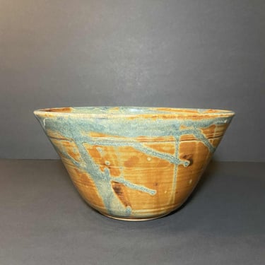 Signed Studio Pottery Bowl &ndash; Stoneware with Teal-Green and Brown Drip Glaze 