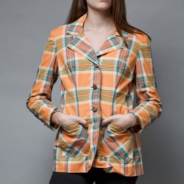 plaid blazer jacket vintage 1970s preppy cotton orange gold buttons M L Medium Large 