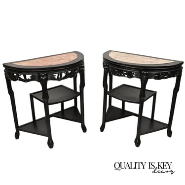 Vintage Chinese Chinoiserie Black Demilune Pink Marble Console Table - a Pair