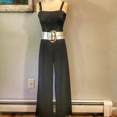 Sparkly Disco Jumpsuit • 1980s • Black Sequin • Glam Playsuit • Stretchy Bandeau Top • Wide Led • Cocktail to Formal • Caron Chicago 